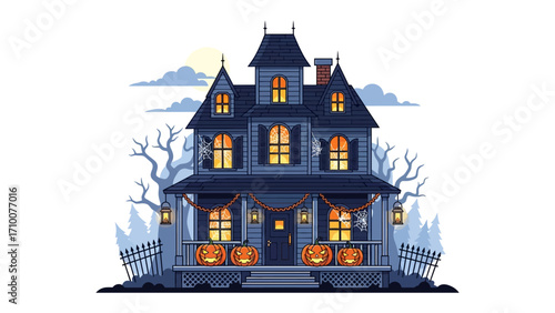 Spooky Halloween House: A spooky Halloween house with intricate architectural details and glowing windows, with a creepy vibe, pumpkins and decorations.