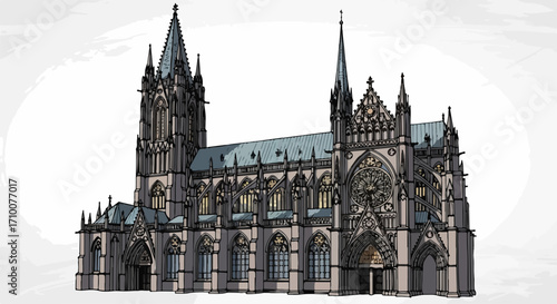 Hand-drawn cathedral, detailed architectural sketch showcases intricate construction. Cathedral image presents historical structure with towers, arches, windows and ornate carvings.