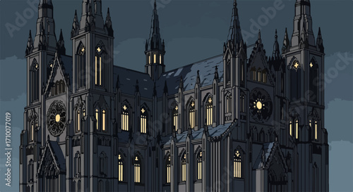 Gothic architecture facade featuring spires and illuminated windows under twilight skies. Impressive gothic architecture captures historic spires, tracery, and stained glass details from historic age.