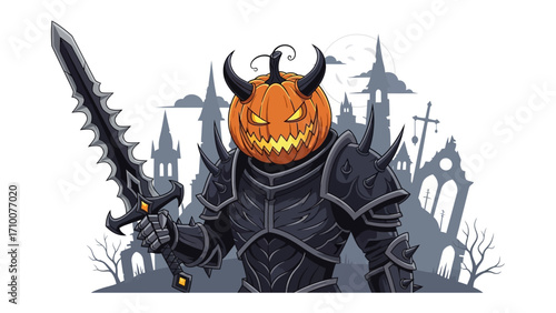 Halloween Pumpkin Warrior: A fierce pumpkin-headed warrior stands ready for battle, brandishing a jagged sword against a spooky, silhouetted backdrop, perfect for Halloween themes.