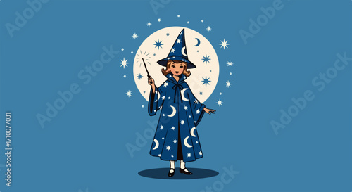 Young witch conjuring spells with magic wand and wearing a wizard costume for Halloween party. This young witch creates magic with her wand against background of stars and moon,