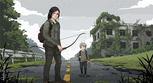 Post-apocalyptic survivors on road with bow and arrow, traveling near destroyed buildings. Post-apocalyptic scene includes adult and child on desolate path, symbolizing resilience.