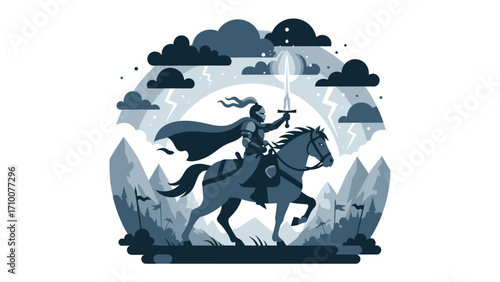 Heroic Knight: A brave knight, mounted atop a majestic horse, brandishes a gleaming sword amidst a dramatic landscape of towering mountains and ominous clouds. A tale of courage and valor unfolds