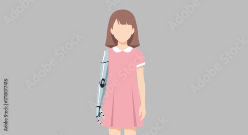Robot arm attached to young girl, illustrating technological progress and human integration. Innovative robot arm technology in a modern world where mechanical enhancements are common.