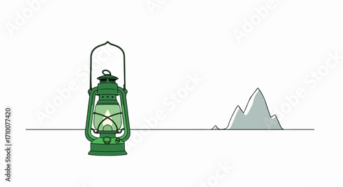 Green vintage lantern illuminates minimal mountain scene, showcasing retro lighting equipment. Vintage lantern provides retro lighting for outdoor adventure scene,