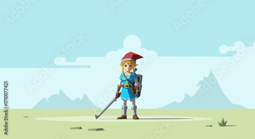 Character design stands confidently against backdrop of stylized mountains. Character concept showcases a powerful pose and determined expression,