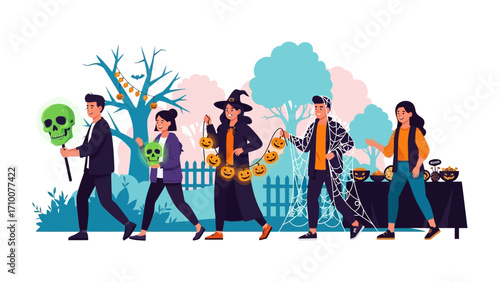 Enchanting Halloween Promenade: A vibrantly illustrated scene of a festive Halloween procession, showcasing costumed individuals parading with spirited decorations and delightful spooky flair. 