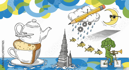 Surreal art shows floating objects, including a teapot on bread, a skyscraper in the water, and broccoli riding a bicycle. Surreal illustration combines the elements into unusual combinations.