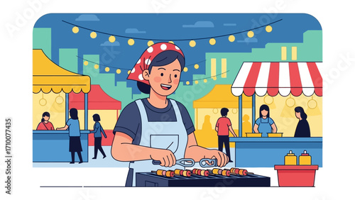 Culinary Craftsmanship in the Open: Amidst the bustling open-air market, a skilled vendor is meticulously grilling kebabs, showcasing culinary expertise.