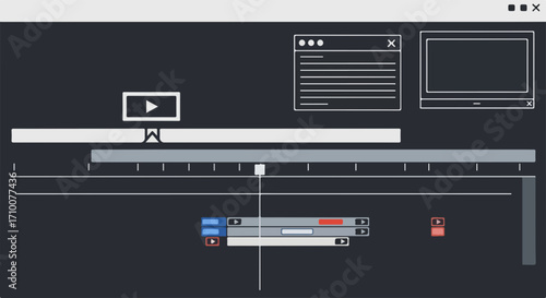 Timeline interface graphic display for video editing and montage software. Timeline interface includes frames, timeline, window display, and simple design.