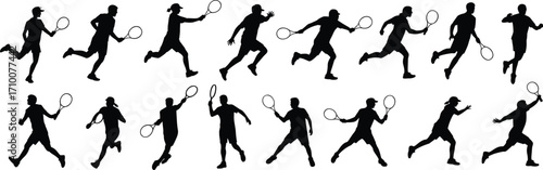 Tennis silhouette illustrations, athletic poses, racket action clipart, black and white icons, sports movement, dynamic bundle set, vector pack