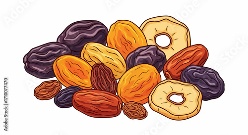 Delicious dried fruit mix on white background, arranged artfully, features plums, dates, and apricots. Dried fruit mix is perfect snack with various vitamin properties.