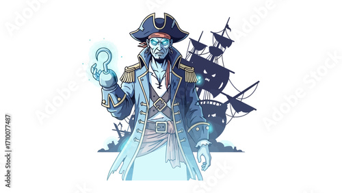 Spectral Pirate of the Sea: A ghostly pirate captain, in a sea of spectral energy with a hook, conjuring the mystery of the sea. Featuring the pirate ship in background.