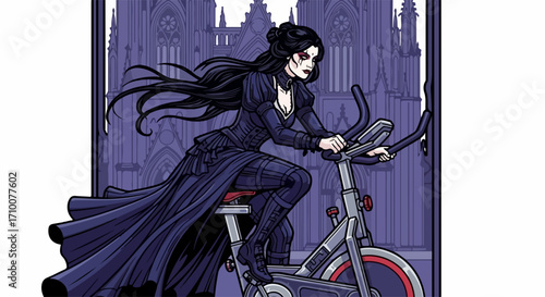 Woman on exercise bike depicted in an illustration, with dark gothic atmosphere and fantasy setting. Woman on exercise bike appears determined and strong, conveying resilience and intensity.