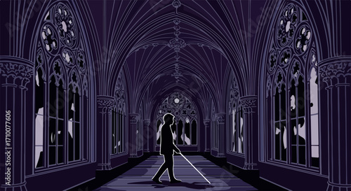 Walking through corridor featuring gothic architecture design with windows, silhouettes, and passageway. Gothic architecture is highlighted by lighting, long exposure of walkway, stone walls.