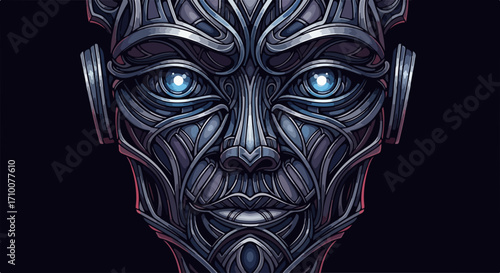 Metallic face detailed artwork of futuristic robotic form with glowing blue eyes, reflecting advanced technology, innovation and precision engineering. Metallic face,