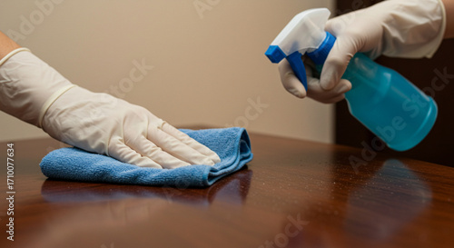 Cleaning a Wooden Table with a Blue Spray Bottle, a Blue Cloth and Silicone Gloves