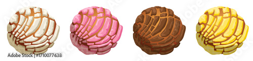 Concha Collection with Vanilla, Strawberry, Chocolate and Buttery Flavors - Mexican Sweet Bread Top View Illustration