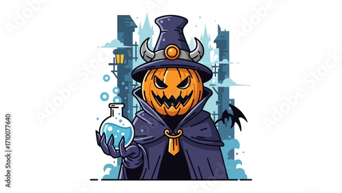 Spooky Halloween Pumpkin: A captivating Halloween illustration featuring a carved pumpkin character, adorned with a wizard's hat and cloak, clutching a bubbling potion.