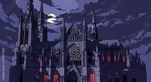 Gothic cathedral at night illuminated by moon and red windows, dramatic scene, gothic cathedral with elaborate facade. Gothic cathedral evokes mystery and beauty, gothic architecture,