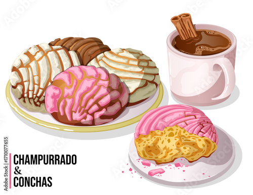 Champurrado with Mexican Conchas Sweet Bread – Traditional Pan Dulce and Hot Chocolate Atole Illustration