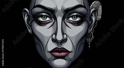 Portrait of a bald woman with dark makeup, presenting intensity and strength, retrato de una mujer calva con maquillaje oscuro, que presenta intensidad y fuerza, showing her intense gaze.