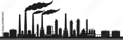 Vector silhouette of a large industrial plant with factory chimneys emitting smoke, an icon representing manufacturing, power, and air pollution.