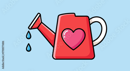 Red watering can with heart symbol dispensing water drops, cute watering can design ideal for gardeners. Red watering can dispenses water drops, heart watering can symbolizes love and care for plants.