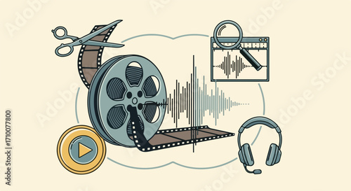 Digital filmmaking represented by film reel, waveform, scissors, and headphones on pale peach background. Digital filmmaking tools symbolize digital editing, audio creation, and production.