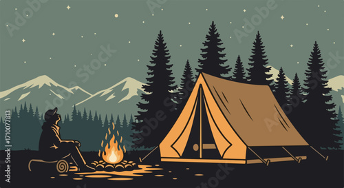 Camping scene shows silhouette person sitting by tent with bonfire against forest and mountain backdrop. Camping adventure in nature includes starry sky, cozy bonfire, and quiet time near tent.