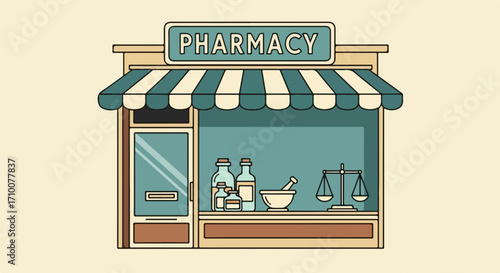 Cute pharmacy storefront illustration featuring medicines and traditional scales. Pharmacy, drug store, and traditional apothecary are concepts suggested by image, as well as professional health care.