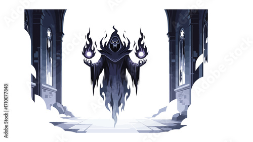 Mysterious Wraith: A spectral figure, cloaked in shadow and radiating an aura of mystical power, floats through an ominous, Gothic-inspired setting, wielding ethereal orbs.