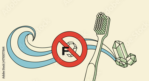 Fluoride free concept with toothbrush and minerals, showing wave of freshness, for dental health. Fluoride free concept includes toothbrush and minerals, no toxic chemicals.
