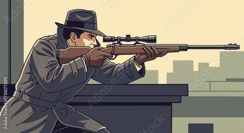 Sniper shot illustration shows man on roof aiming scoped weapon. Sniper shot reveals trench coat and hat of trained professional shooter. Creative depiction of sniper shot for film, action,