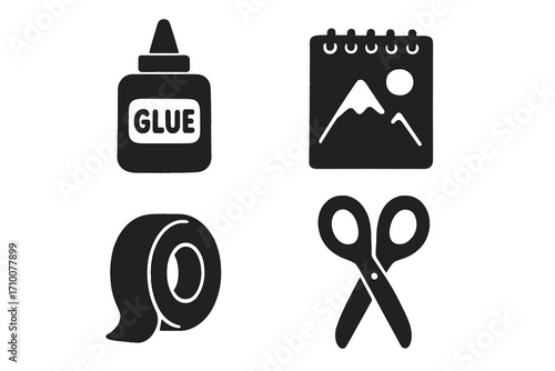 Craft supplies including glue, tape, scissors, and a notebook for creative projects and DIY activities