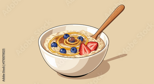 Nutritious oatmeal bowl topped with fresh fruit, presented as healthy breakfast. Oatmeal bowl contains oat flakes, blueberries, strawberries and honey for energy.