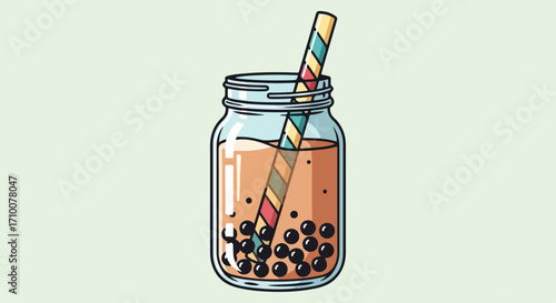 Refreshing bubble tea served in glass jar with straw. Bubble tea refreshment includes chewy tapioca balls and cold, flavored drink.