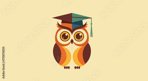 Owl education icon is shown with graduation cap and brown feathers, owl education icon for wisdom. Owl education is important for successful future, cartoonish and simple owl icon. Flat design.