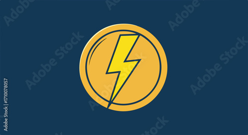Lightning bolt icon on coin with yellow electric strike, a symbol of power. Lightning bolt icon for cryptocurrency or energy company represents electricity.