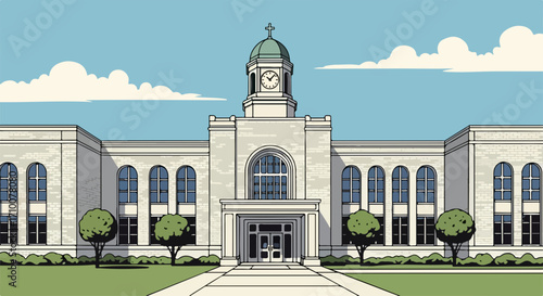 College campus illustration showcases architectural facade with clock tower, representing collegiate life. Classic college campus buildings feature symmetrical design and manicured lawns,