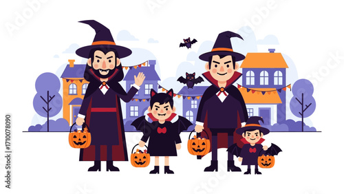 Halloween Family Costume: An illustration showcasing a cheerful family dressed in Halloween costumes, set against a backdrop of decorated houses and joyful spirits.