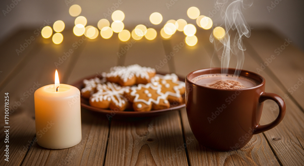 Fototapeta premium Cozy Winter Evening with Hot Chocolate, Gingerbread, and Candlelight