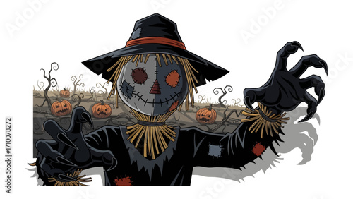 Creepy Scarecrow in Field: A spooky scarecrow stands in a pumpkin patch with outstretched arms, ready for autumn festivities, embracing the spirit of Halloween with its eerie presence.