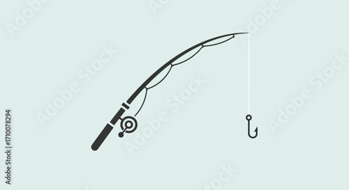 Fishing pole shown against light blue backdrop with hook and line ready. Fishing pole for outdoor activity, relaxation, or sport. Minimalist fishing pole for sport-themed design, promoting recreation,