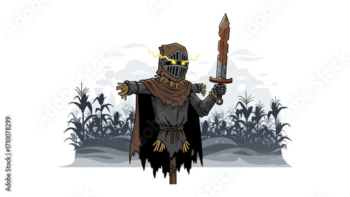 Animated Scarecrow with sword: A formidable scarecrow stands amidst a cornfield holding sword with an air of mystery, an animated figure of a protective protector.