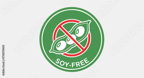 Soy-free icon on green badge with crossed out beans, a clear allergen indicator. Soy-free symbol provides information about ingredient for those with dietary restrictions.