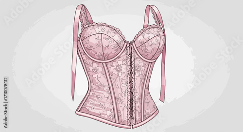 Delicate pink corset, traditional women's lingerie, shown in studio shot. This classic corset has lace details and boning, typical of traditional women's lingerie design.