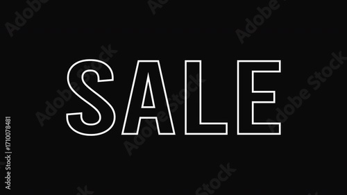 Animated “sale” text on black background. Outline appears, then fill is added. Letters fall, flicker, and shine. Perfect for promotions, discounts, and holiday sales. 4K horizontal video. Loop