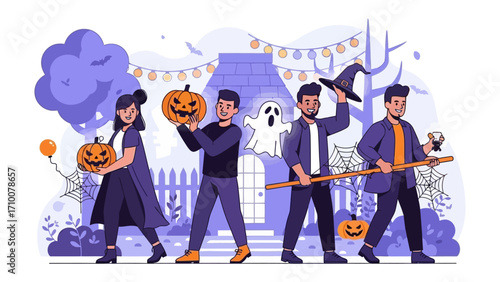 Halloween Gathering: A vibrantly illustrated scene of people coming together during the Halloween season, a display of creative energy and festive unity. 