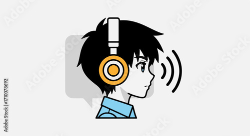 Cartoon listening with headphones is perfect for design projects, showing someone enjoying audio content. Cartoon listening with headphones, featuring graphic illustration of person with earphones,